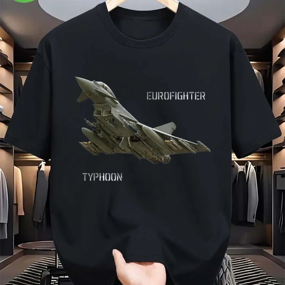 Eurofighter Typhoon Jet Fighter T-Shirt for Men Realistic Aircraft Design with Typhoon Logo Black Short Sleeve Cotton Tee