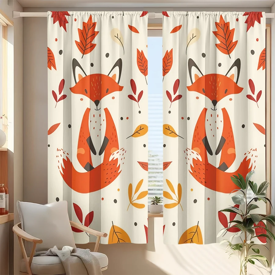 2PCS Digital Print Curtain, Fox Falling Leaves White Repeat Simple Flat, Fall Autumn Cute Animal for Living Room Decor