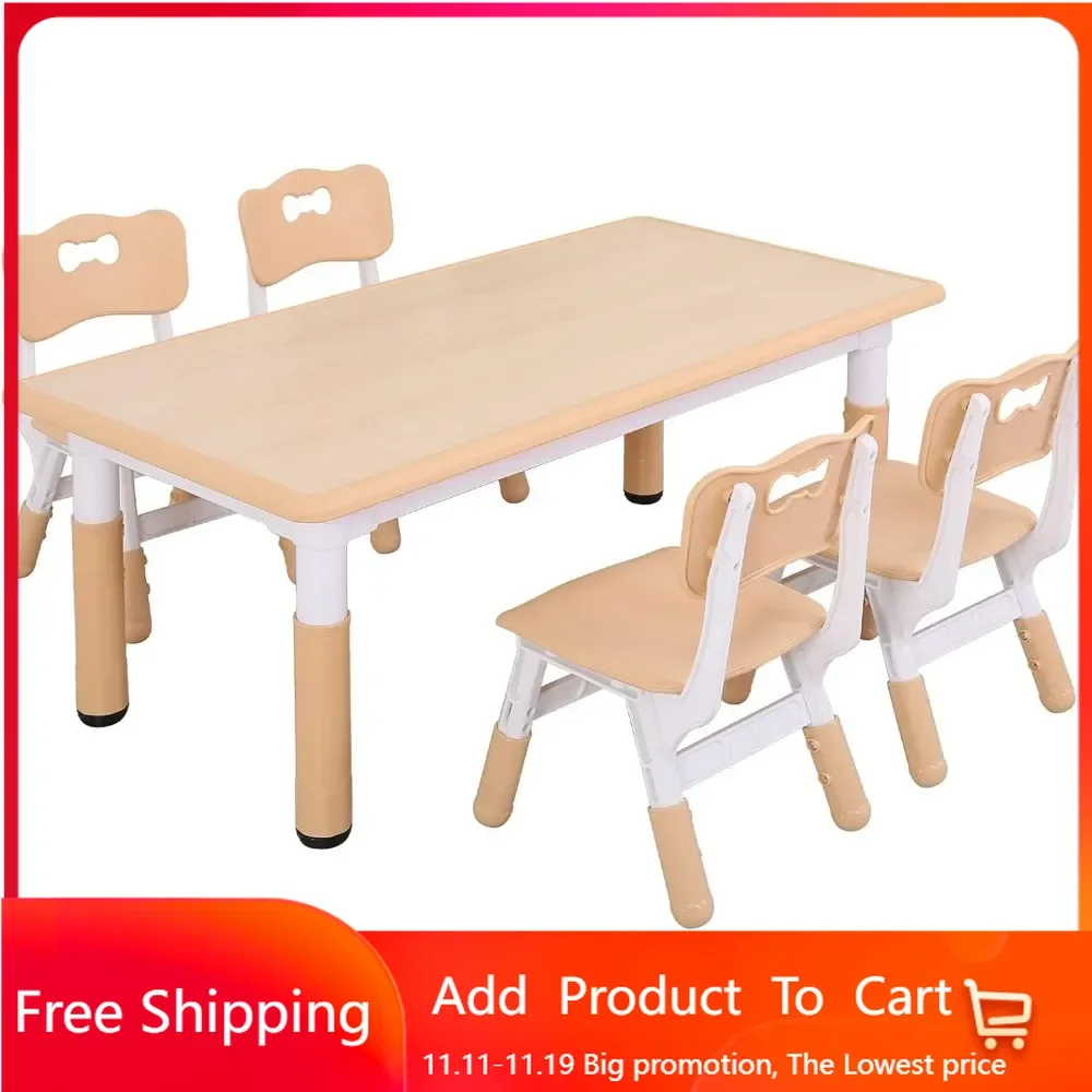 

Kids Study Table and Chairs Set, Height Adjustable Plastic Children Art Desk with 4 Seats, Kids Multi Activity Table Set