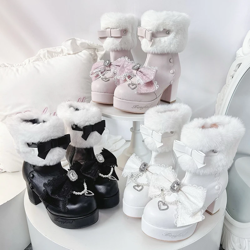 

Sweet Japanese High-heeled Boots Lolita Girl Cute Short Boots Rhinestone Hairy Boots Girl Kawaii Lloli Tea Party Boots