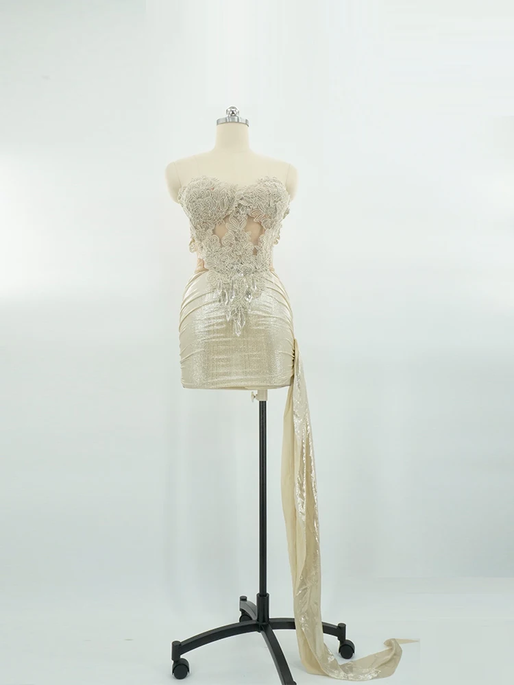 

Sexy 2 Piece Suit Lace White Crystal Women Short Dresses Singer Stage Evening Dance Party Drag Queen Club Birthday GOGO Costume