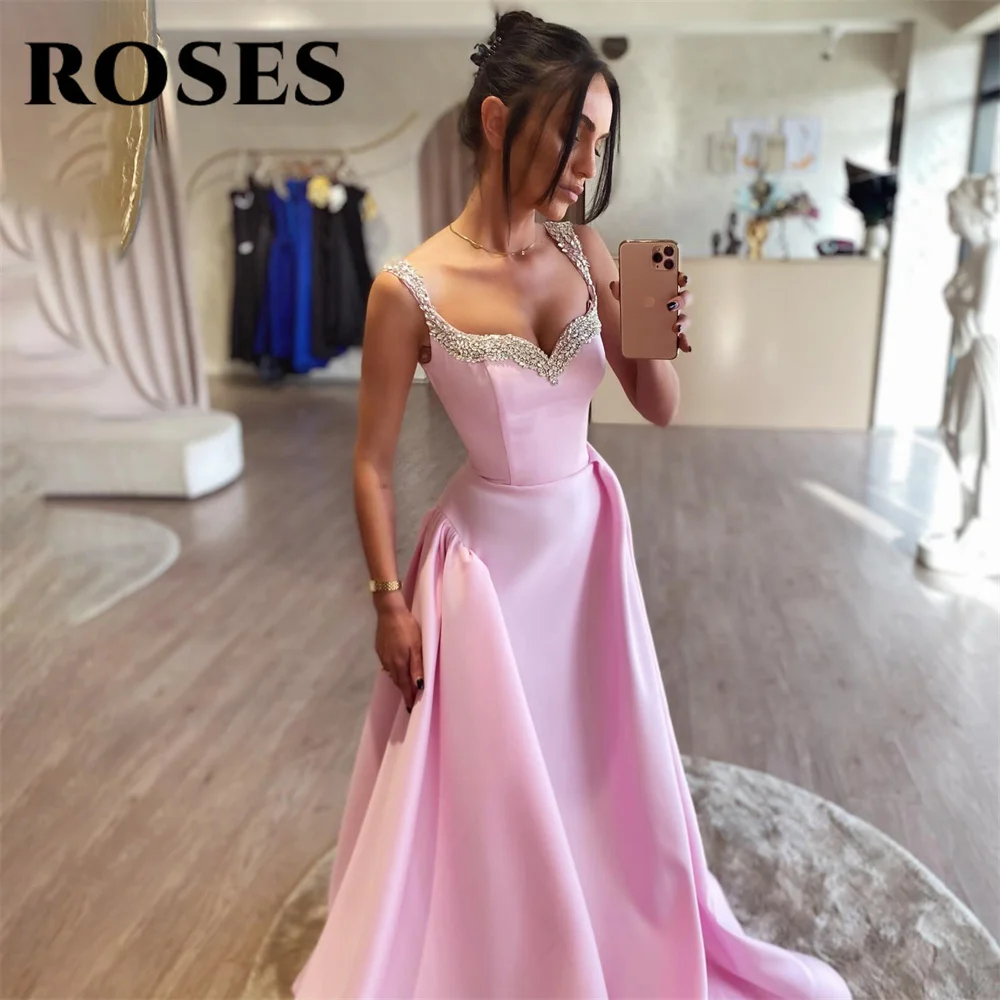 ROSES-Robe de Soirée en Satin Rose avec Plis, Ligne A, Bretelles Spaghetti, Perles, Bal