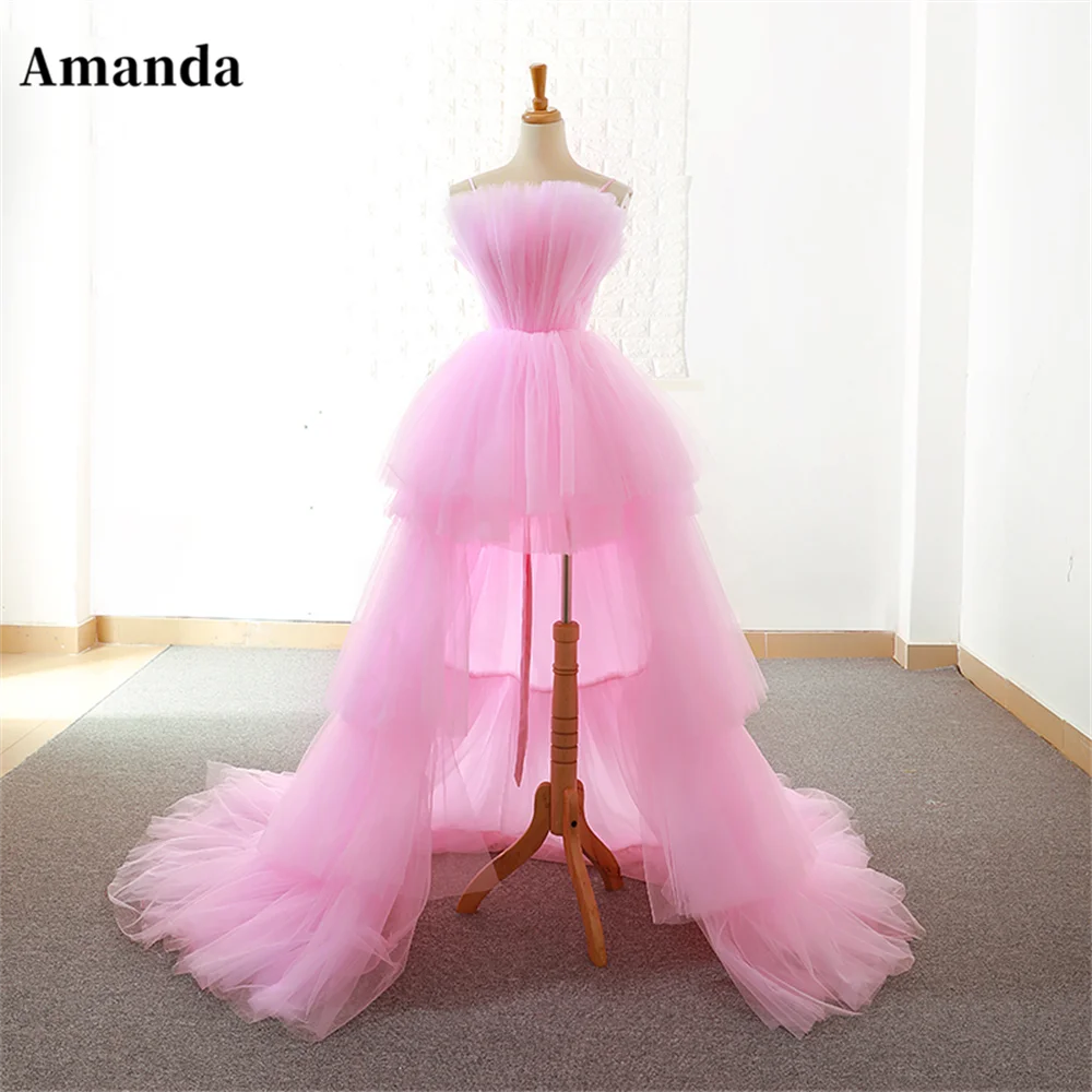 Amanda Elegant Tulle Sweep Train فستان سهرة Princess High-low Vestido De Novia Sexy Strapless Prom Gown V-neck Prom Dress 2023