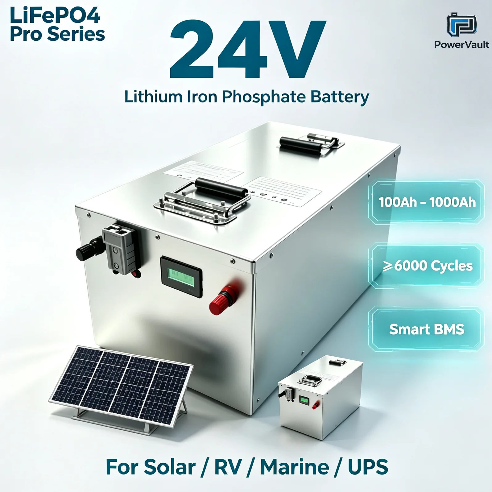 24V 100Ah LiFePO4 Lithium Battery, Deep Cycle Rechargeable with BMS for Solar RV Marine UPS Trolling Motor