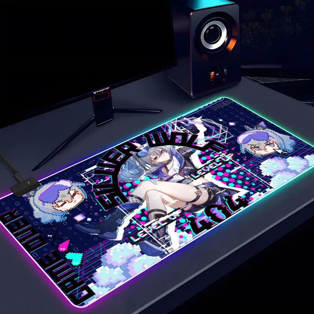Game Cartoon Girl Silver Wolf Mouse Pad RGB Luminous 900X400mm Large Table Mat Non-slip Extra Large Game Office Mouse Pad