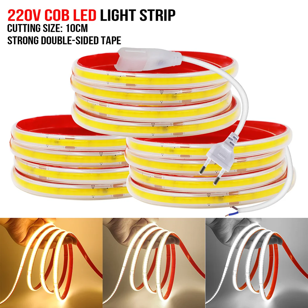 220V COB LED Strip Light Adhesive Tape 10CM Cut 2pin Wire Power Kit 240 LEDs Flex Linear Lighting RA90 1m 2m 5m 10m 20m 40m 0.5m