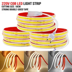 220V COB LED Strip Light Adhesive Tape 10CM Cut 2pin Wire Power Kit 240 LEDs Flex Linear Lighting RA90 1m 2m 5m 10m 20m 40m 0.5m