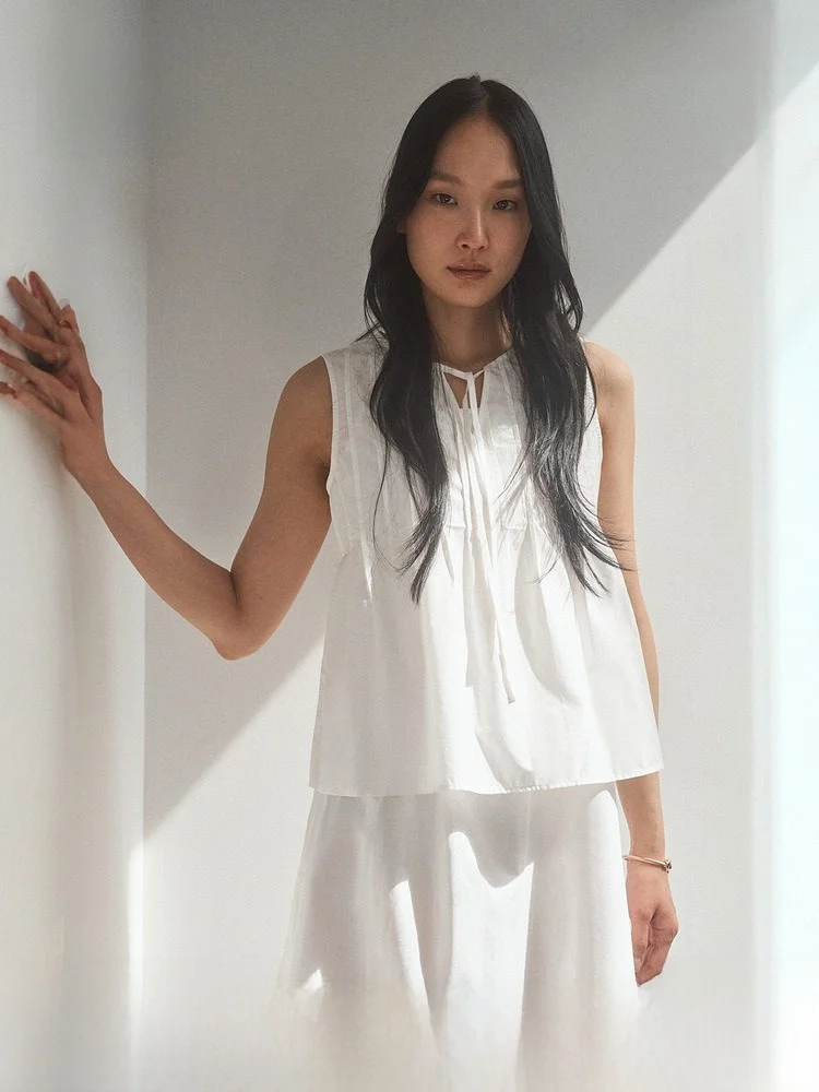 

Женская хлопковая рубашка H&M, летняя, без рукавов, плиссированная, с коротким рукавом, V-образный вырез, стандартная длина, повседневный стиль