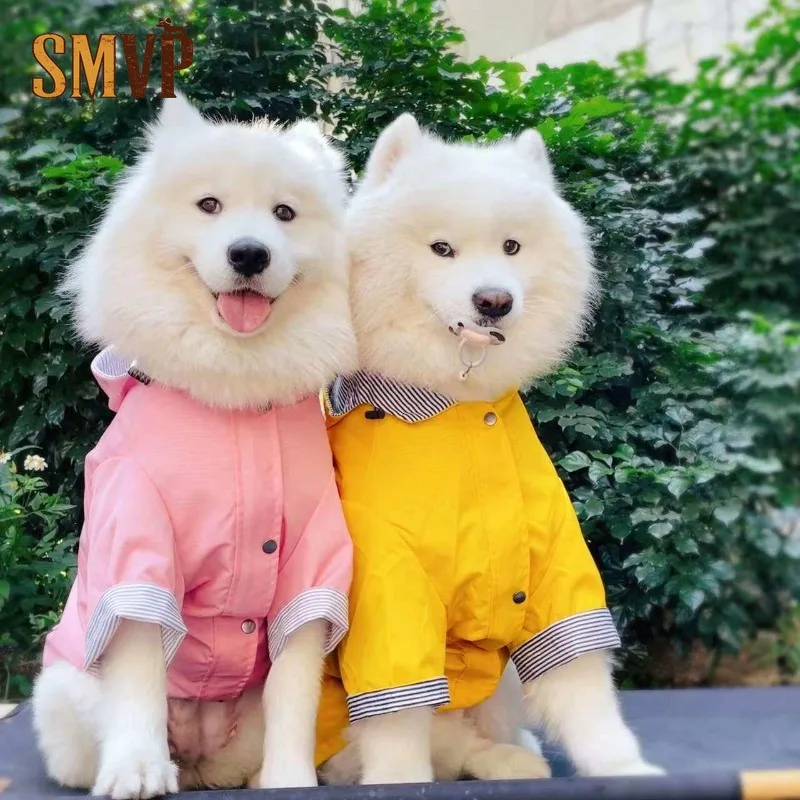 オールシーズン対応-イエローとピンクのストライプ柄-フード付きレインコート-防水・防汚-大型犬・中型犬用ペット服