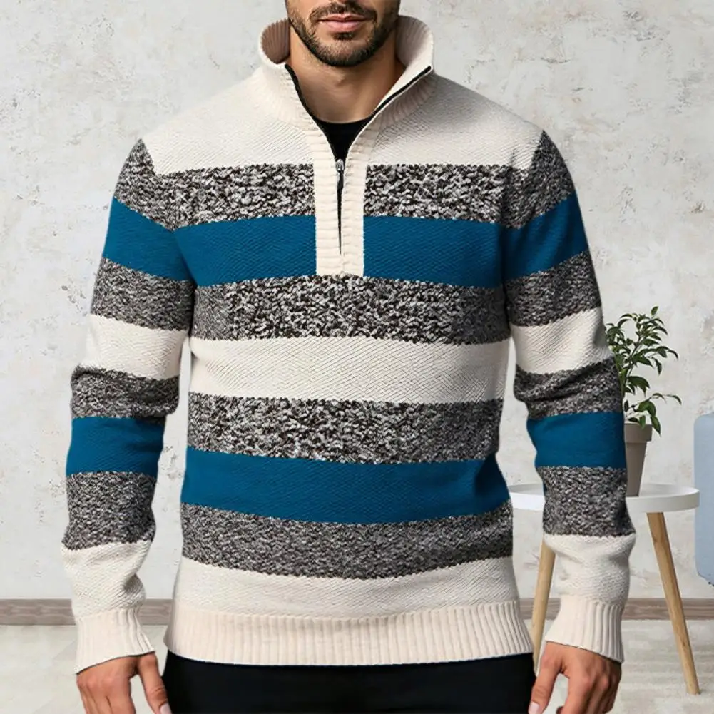 

Color Block Zippered Turtleneck Knitted Long Sleeve Top Stylish Men's Color Block Half-zip Sweater with Turtleneck Knit