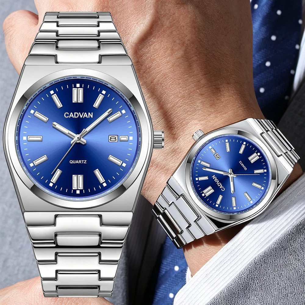 CADVAN Men's Sports Watch, Steel Strap Timing Calendar Dial Watch, Available in Three Colors, Gift Box with Watch Adjuster Set