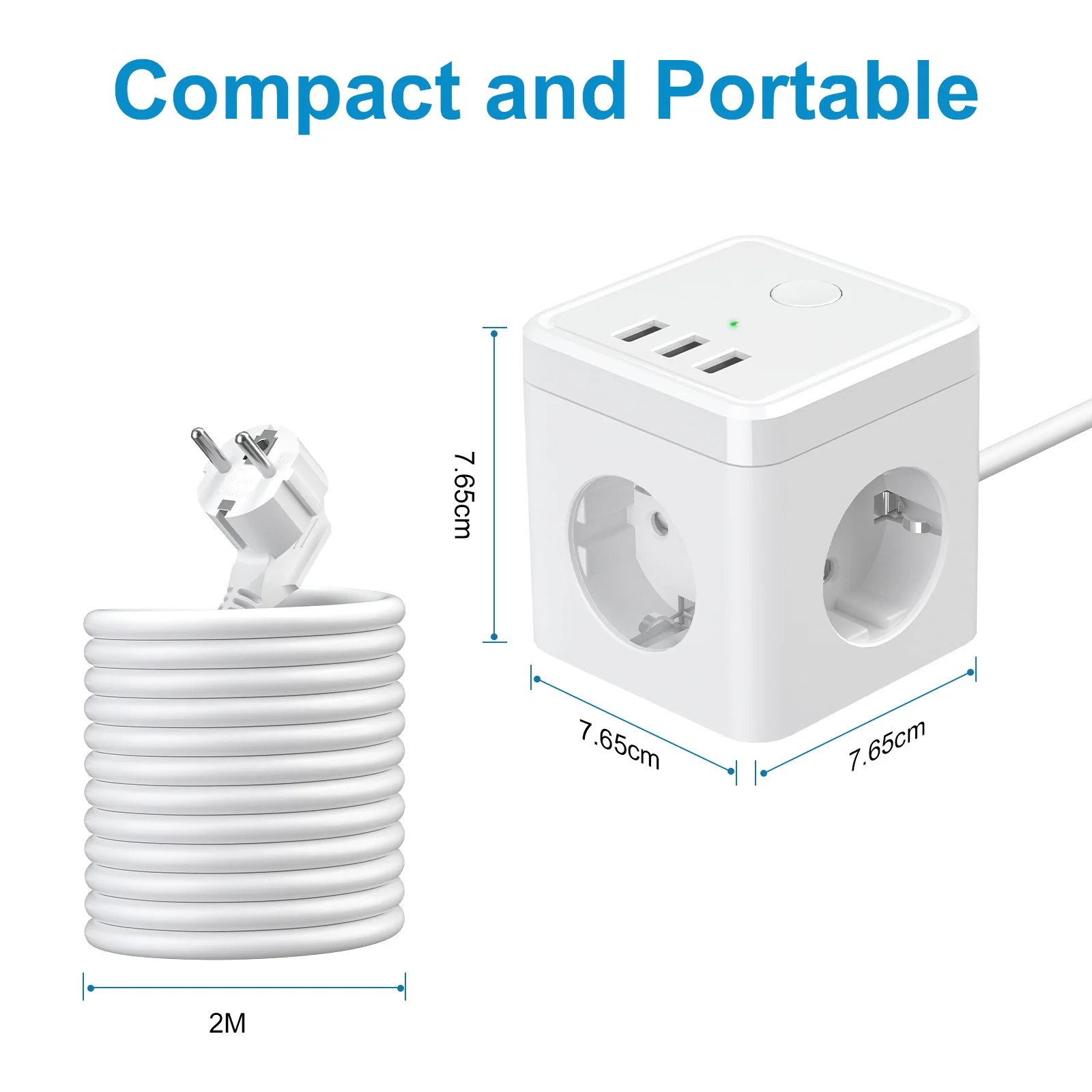 EU plug cube power socket, 3 AC sockets 3 USB ports Multi-socket power strip with 2m cable, with switching surge protector