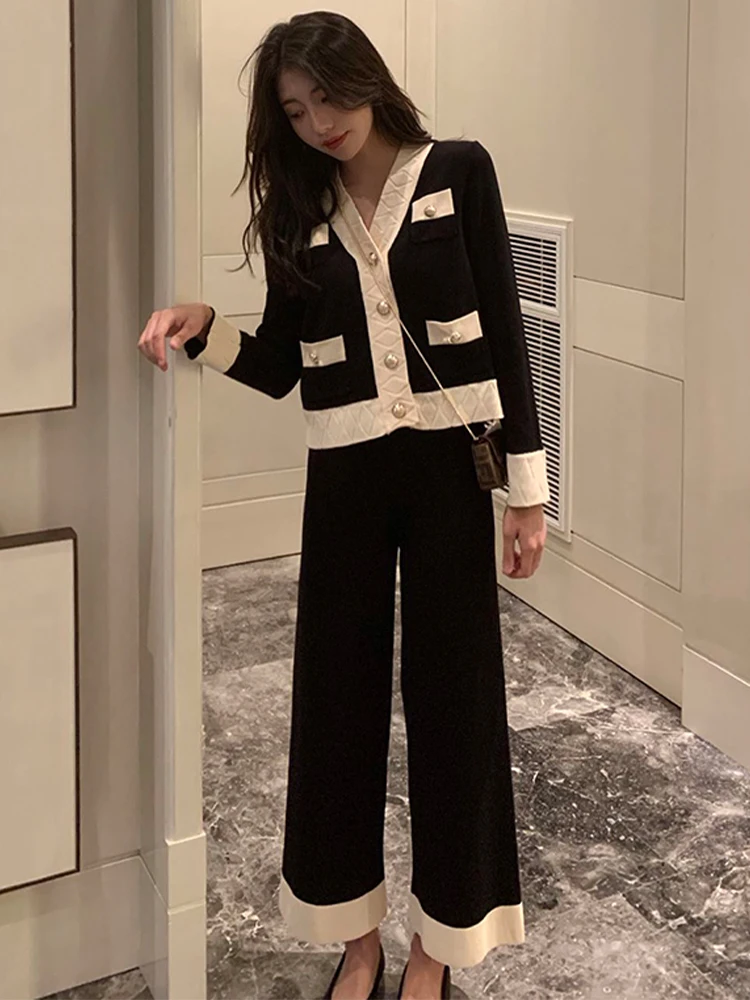 Fashion women\'s suit 2023 spring new knit suit fashion professional knitted wide-leg pants two-piece suit