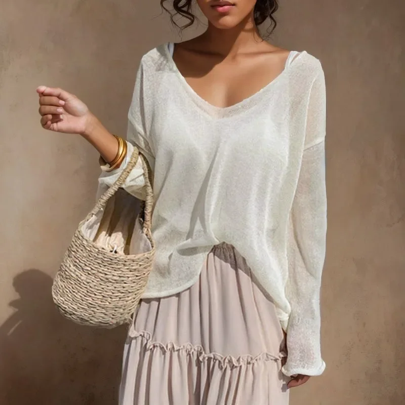 2024 Spring Summer Thin Sexy Women Blouse Tops Autumn Blusas V-neck Pullover Tops Solid Korean Loose Sunscreen New Lady Clothes