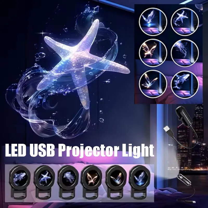 LED USB Projector Night Light with 6 Switchable Patterns Whale Butterfly Jellyfish Starfish for Room/Ceiling/Window/Wall Gift