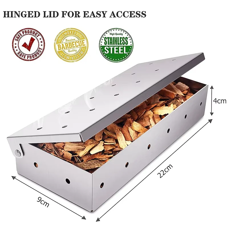 BBQ Smoker Box Stainless Steel Wood Chips Smoker Box with Hinged Lid Heavy Duty BBQ Smoke Box For Charcoal Grilling YY224