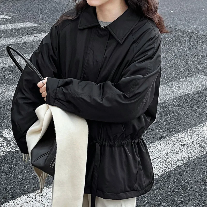 EAEOVNI Fashion Winter Down Jacket Women Warm Drawstring Pleated Design Zipper Lapel Solid Color Coat 2025 New Clothing