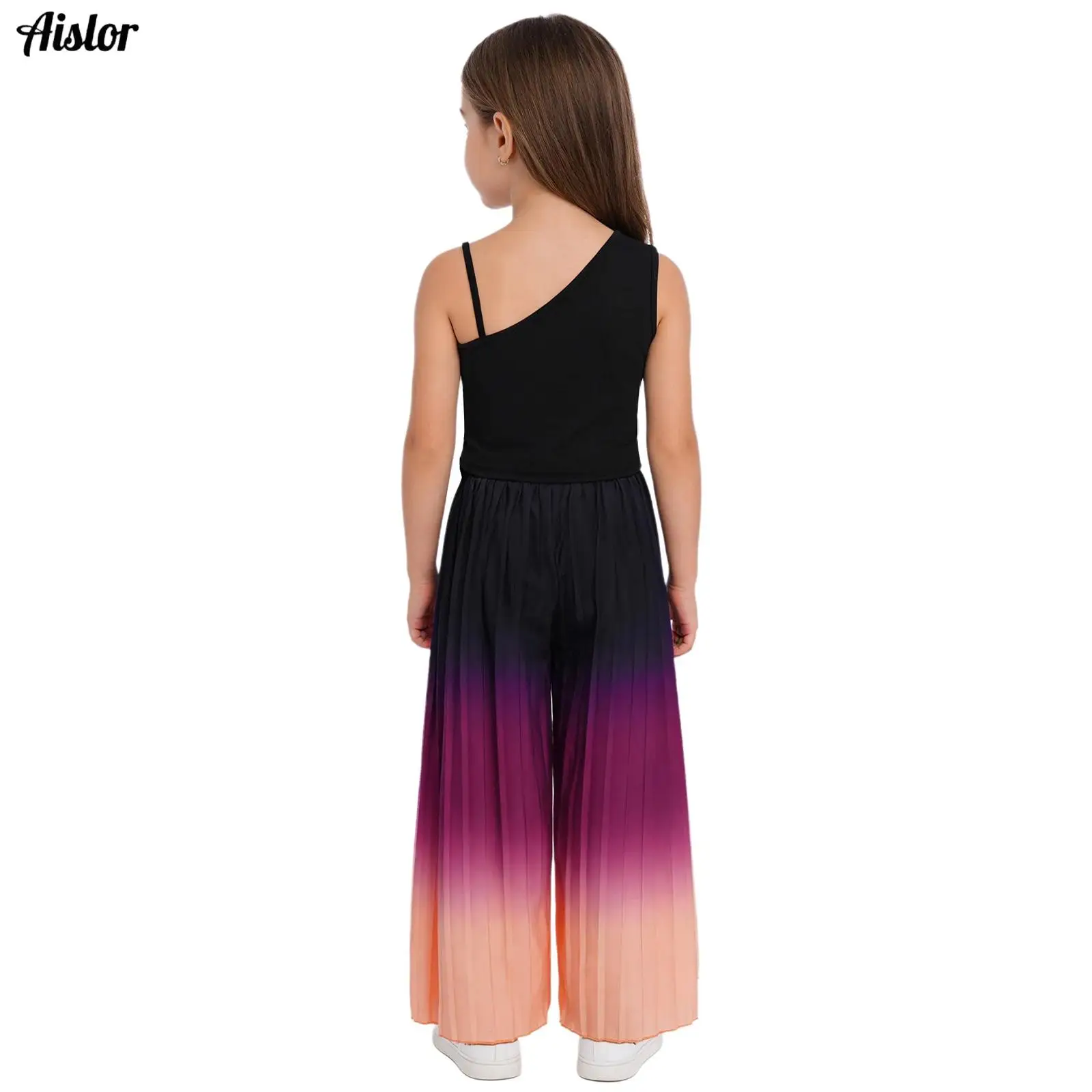 

Sleeveless Crop Top Kids Girls' Suspender Top And Wide Leg Casual Trousers Belt Set Comfortable Stylish Gradient Clothing Set