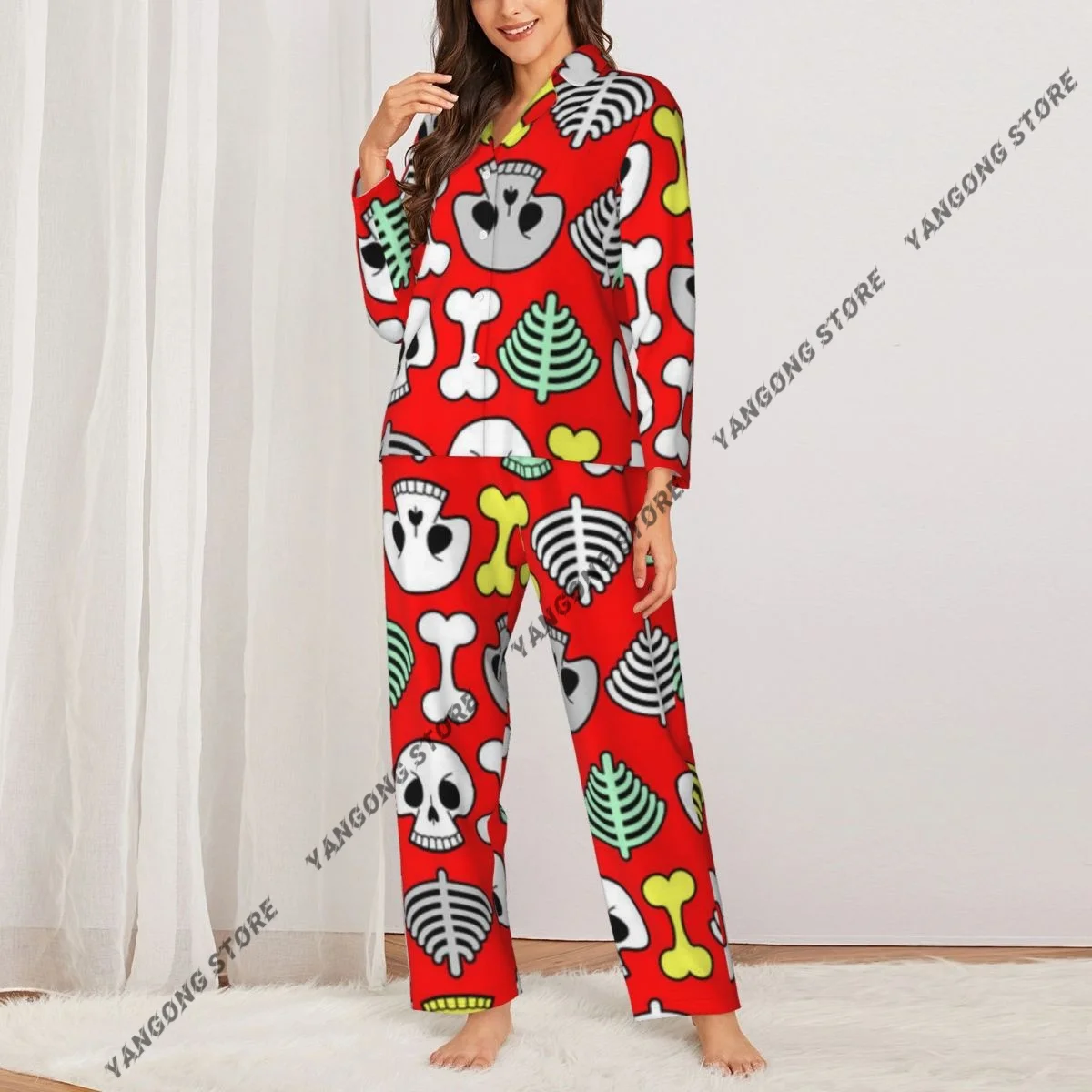 Spring and Autumn Pajama Set Women's Long Sleeve Pants Two Piece Skull Cartoon Pattern Home Furnishing Set