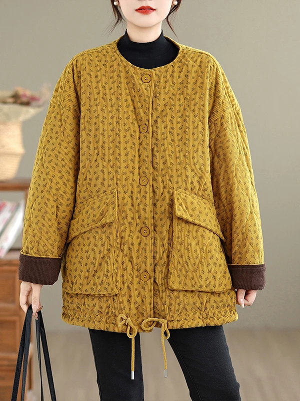 Verdickte Baumwolle gepolsterte Jaet runde Ne Print Cord Oberbekleidung Warm Fce Damen Mantel Winter Pendeln Sle Loose Fit