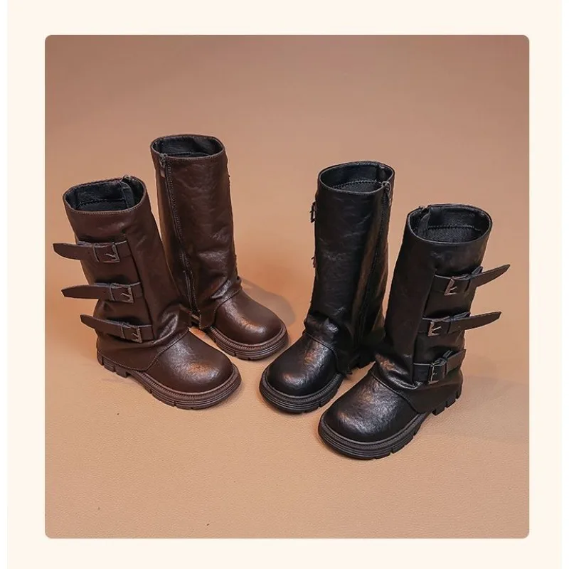 الفتيات الرجعية حزام مشبك أحذية عالية الموضة 2025 جديد الخريف والشتاء النمط البريطاني أحذية الأطفال الفتيات الاتجاه الأحذية الجلدية #1