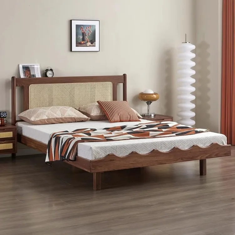 

Customizable North American rattan bed Modern minimalist cherry wood retro master bedroom double 1.8 queen bed