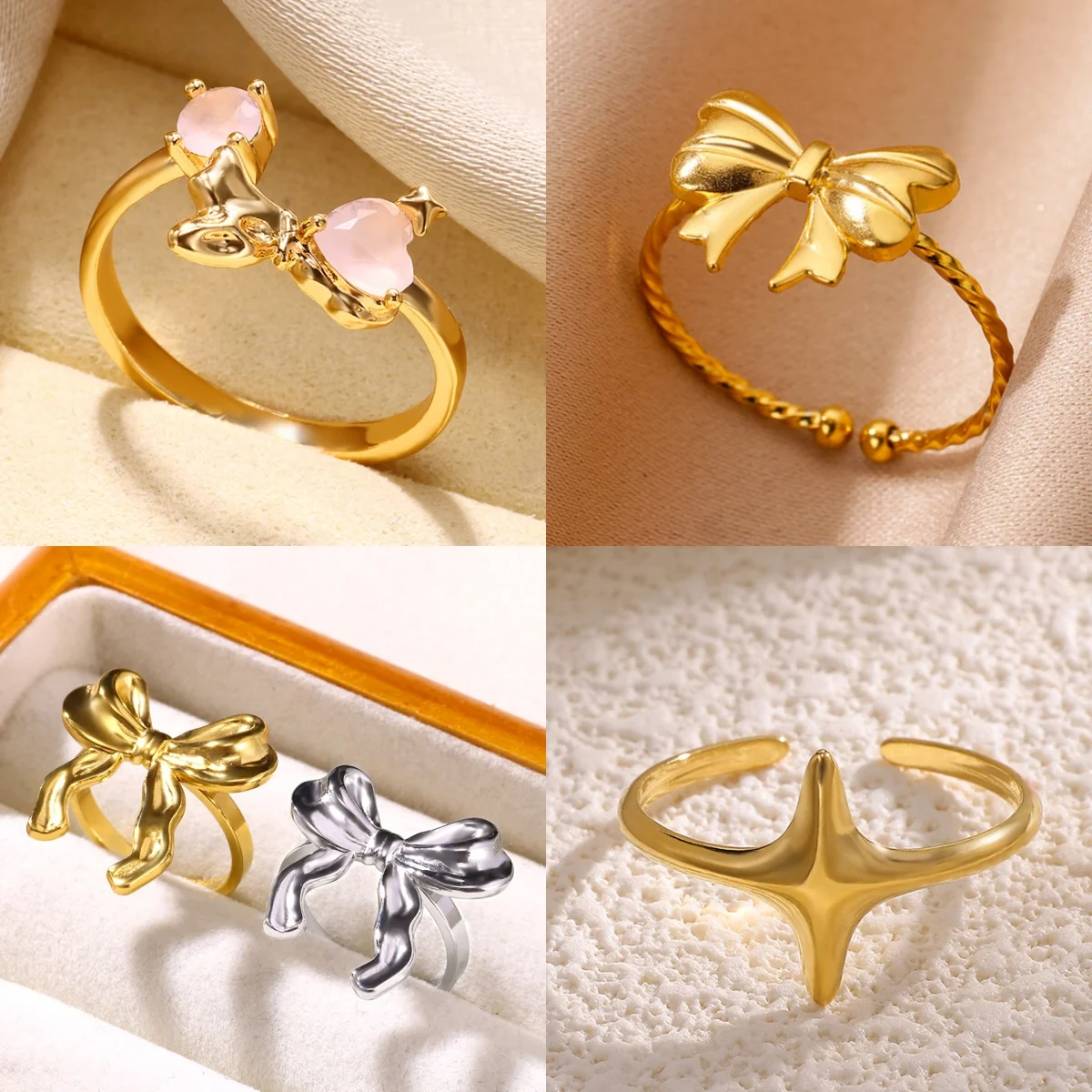 Süße Schleifenringe für Frauen, goldfarben, Edelstahl, Herz, minimalistischer Zirkon, Jubiläumsschmuck, Ring, kostenloser Versand