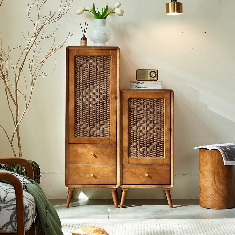 Armadietti alti e bassi da soggiorno in legno massello color noce in rattan nordico Inn B & B Set combinato per piccoli appartamenti in stile giapponese
