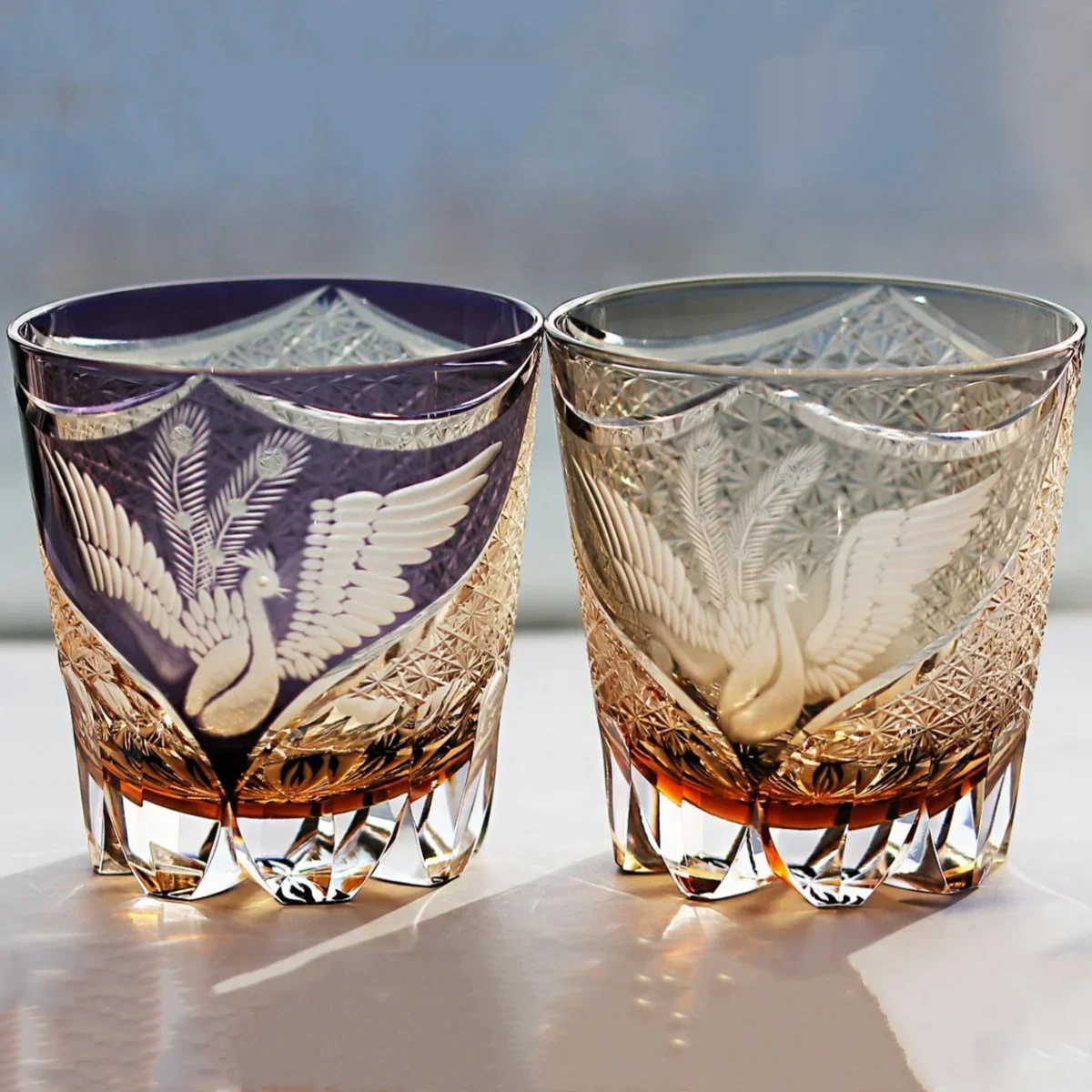 320 ml Handmade Grey Purple Edo Kiriko Whiskey Glass Tumbler with Engraved Phoenix Pattern for Spirits And Beverages