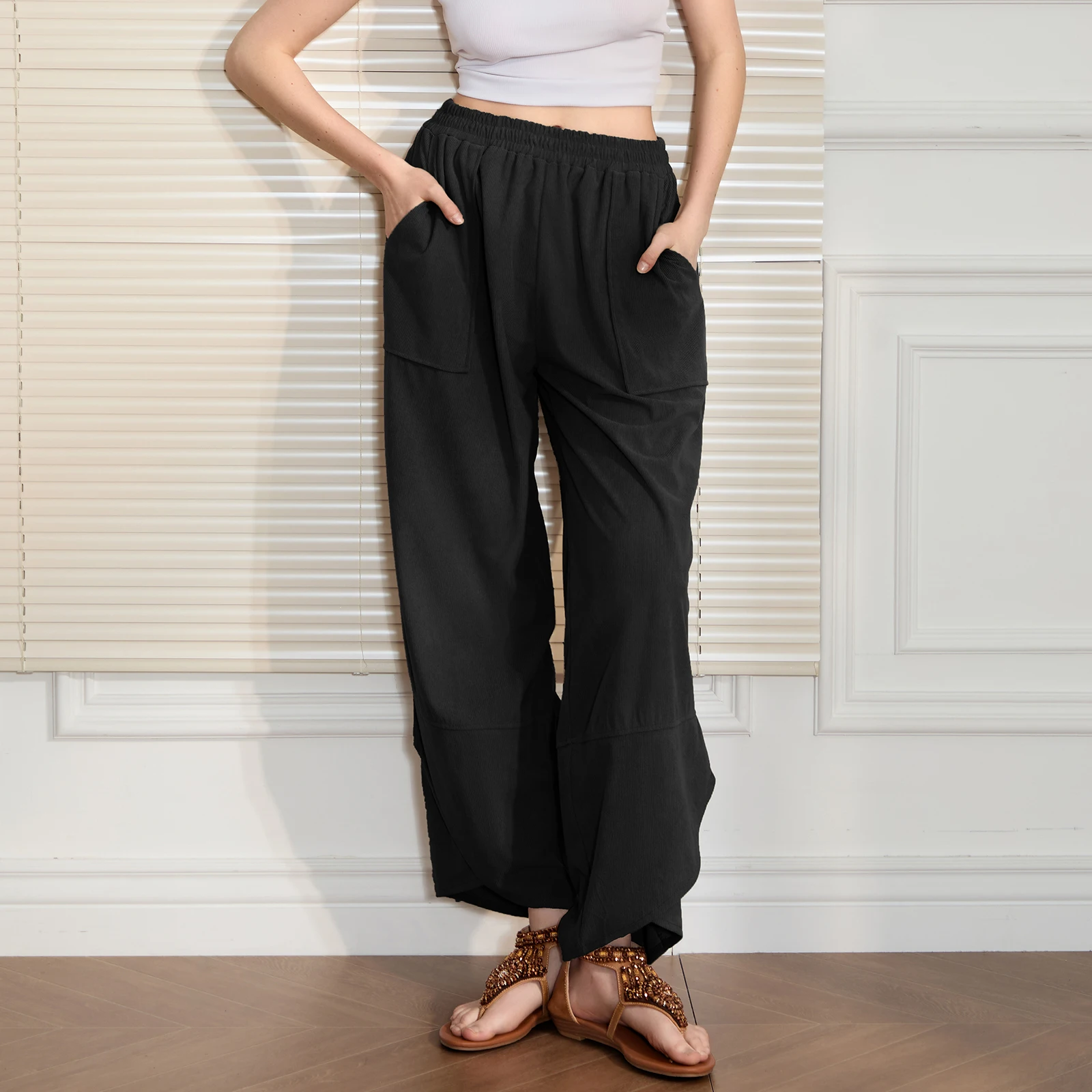 Damskie spodnie do ćwiczeń z kieszeniami, z wysokim stanem, spodnie dresowe do jogi, jednolite, luźne, wygodne spodnie do biegania, na siłownię i do noszenia na co dzień.