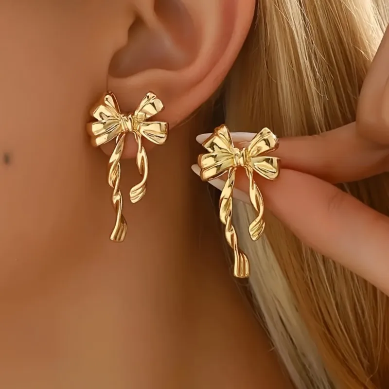 Nova moda brincos de laço dourado para mulheres design elegante e chique brincos de personalidade joias presentes