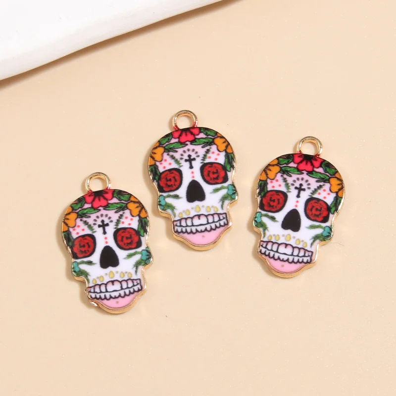 10pcs Gold Color 22x13mm Rose Skull Skeleton Charms Halloween Enamel Pendant For DIY Handmade Necklace Jewelry Making Accessorie