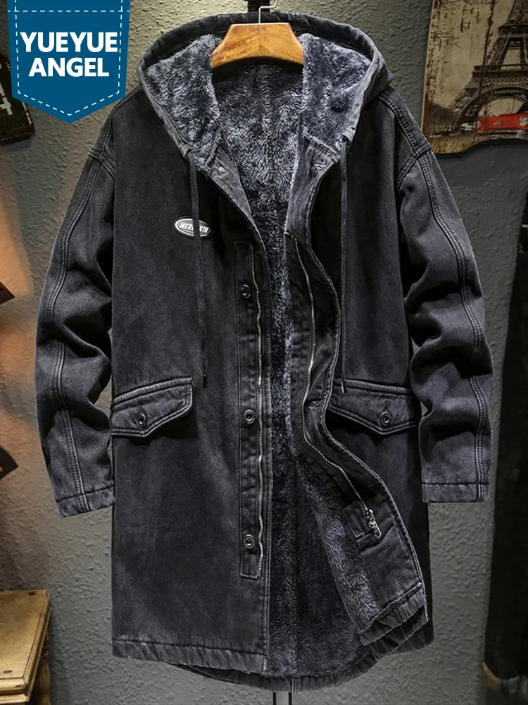 

Winter Black Fleece Lining Denim Trench Coat Men Medium Long Hooded Jacket Thick Warm Casual Cotton Outerwear Male Oversize 4XL