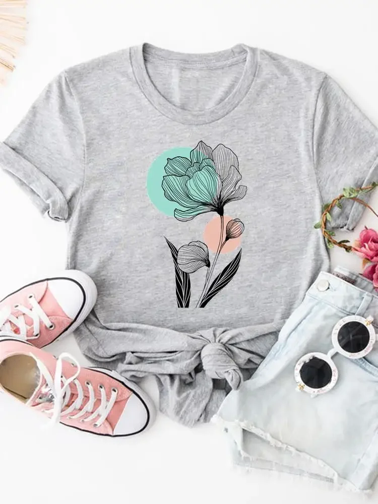 T-shirt imprimé papillon et fleur pour femme, joli haut à la mode, vêtement estival avec image de dessin animé