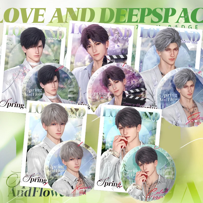

2Pcs Love & Deepspace Sylus Rafayel Zayne Xavier Caleb Anime Spring and Flowers 75MM Round Badge Brooch + Collection Card Set