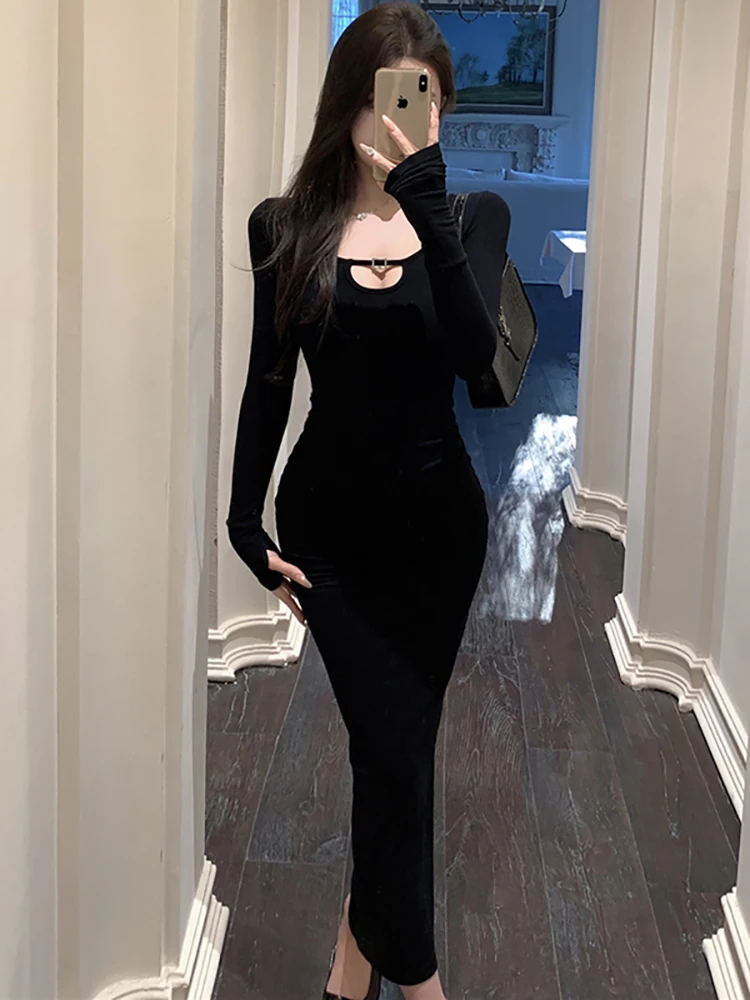 Herfst Winter Zwart Gebreide Holle Vierkante Kraag Sexy Jurk Vrouwen Elegante Luxe Lange Jurk 2025, Koreaanse Bodycon Feestjurk