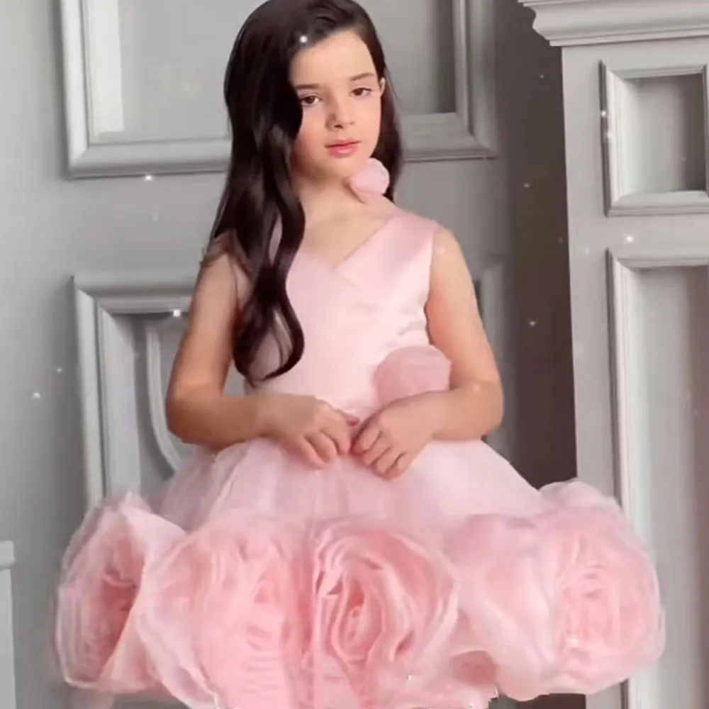 Jill Wish Elegant Arabric Pink Girl Dress V-Neck Handmade Flowers Kids Princess Birthday Wedding Party Children Gown 2024 J182