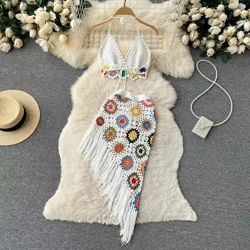 Women Tassel Sexy Tanks Crop Tops Bikinis Knitted Crochet Swimming Swimwear Bead Work Beachwear Camisole Women Hollow Out Skirt