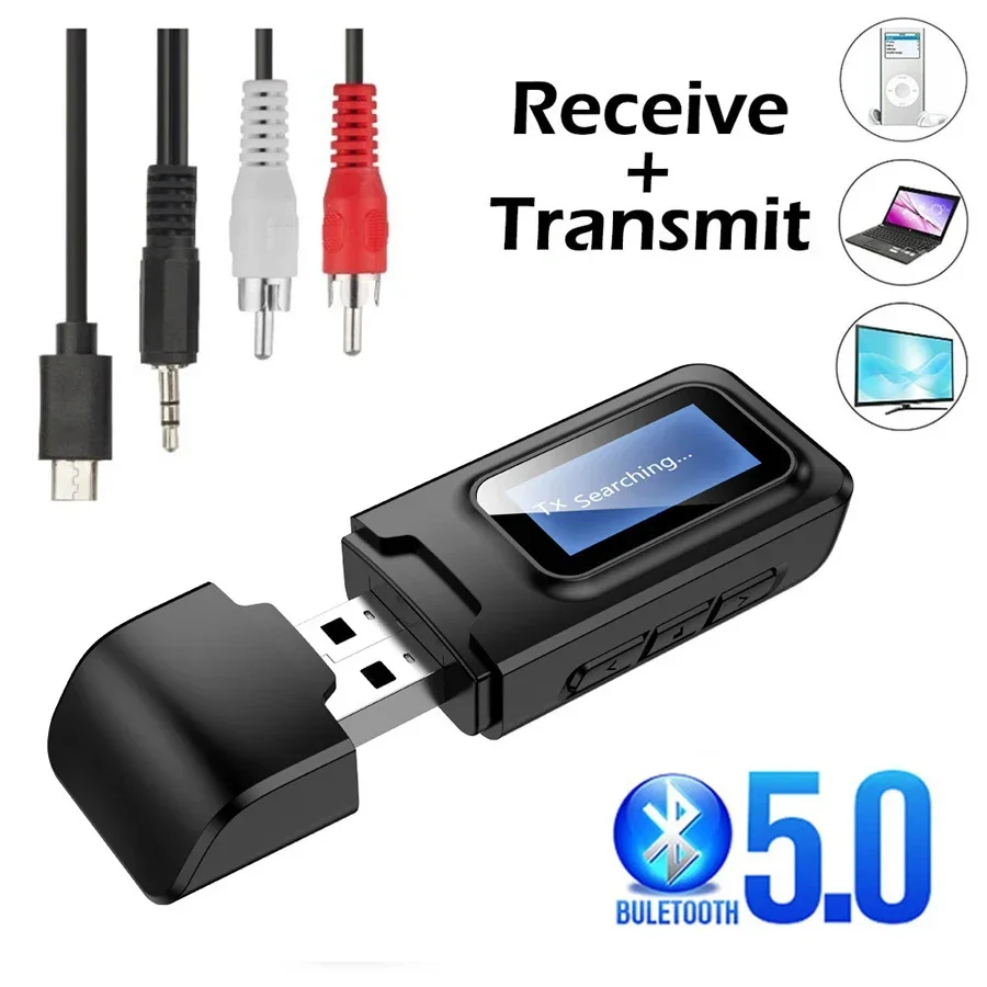 USB Bluetooth 5.0 + EDR + LCD Display Audio Receiver Transmitter for TV PC Driver-Free USB Dongle 3.5MM 3.5 AUX Wireless Adapter