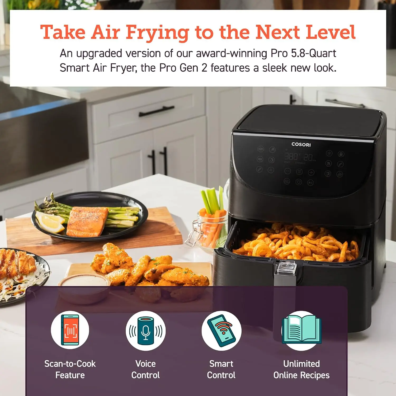 5.8QT 11-in-1 Air Fryer Toaster Oven with 100 Recipe Cookbook, 200+ Online Recipes, App & Touch Screen Control, Works with Alexa