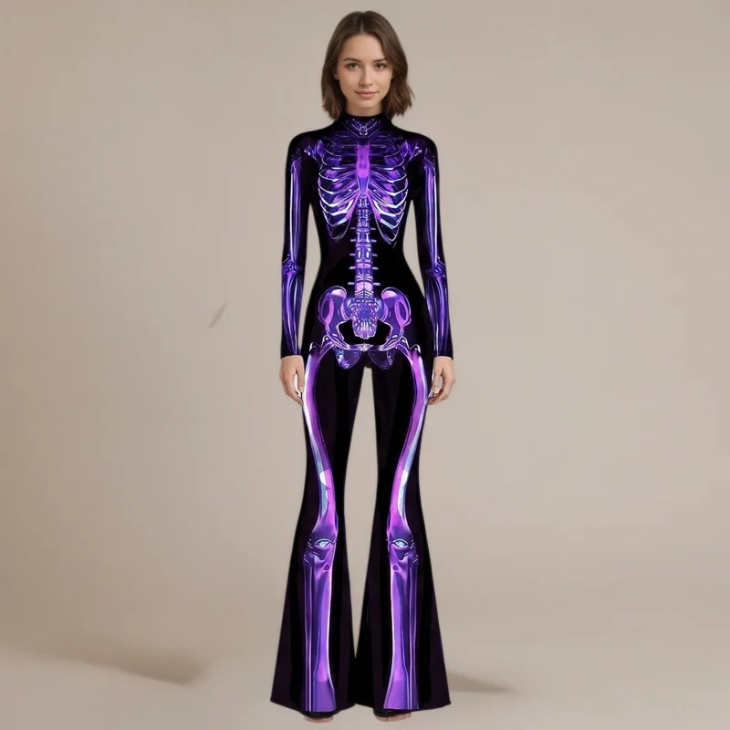Mehrfarbiger Schlaghosen-Body mit Regenbogen-Effekt, ausgestellter Catsuit für Rave-Partys, Halloween, Schmetterlings-Skelett-Jumpsuit-Outfit 2026 – Detail 12