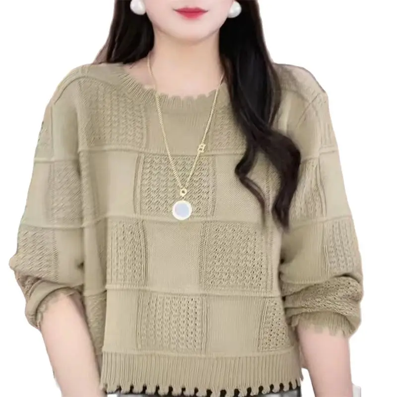 Women High-end Jacquard Knitted Shirt Spring And Autumn Female New Crewneck Design Sense Everything With Commuting Loose Sweater