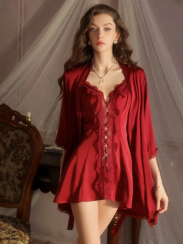 

Pure Desire Lace Comfort Smooth Satin Sexy Low Cut Strap Dress Sleepwear Robe Set 5219 Seductive Nightgown Outerwear