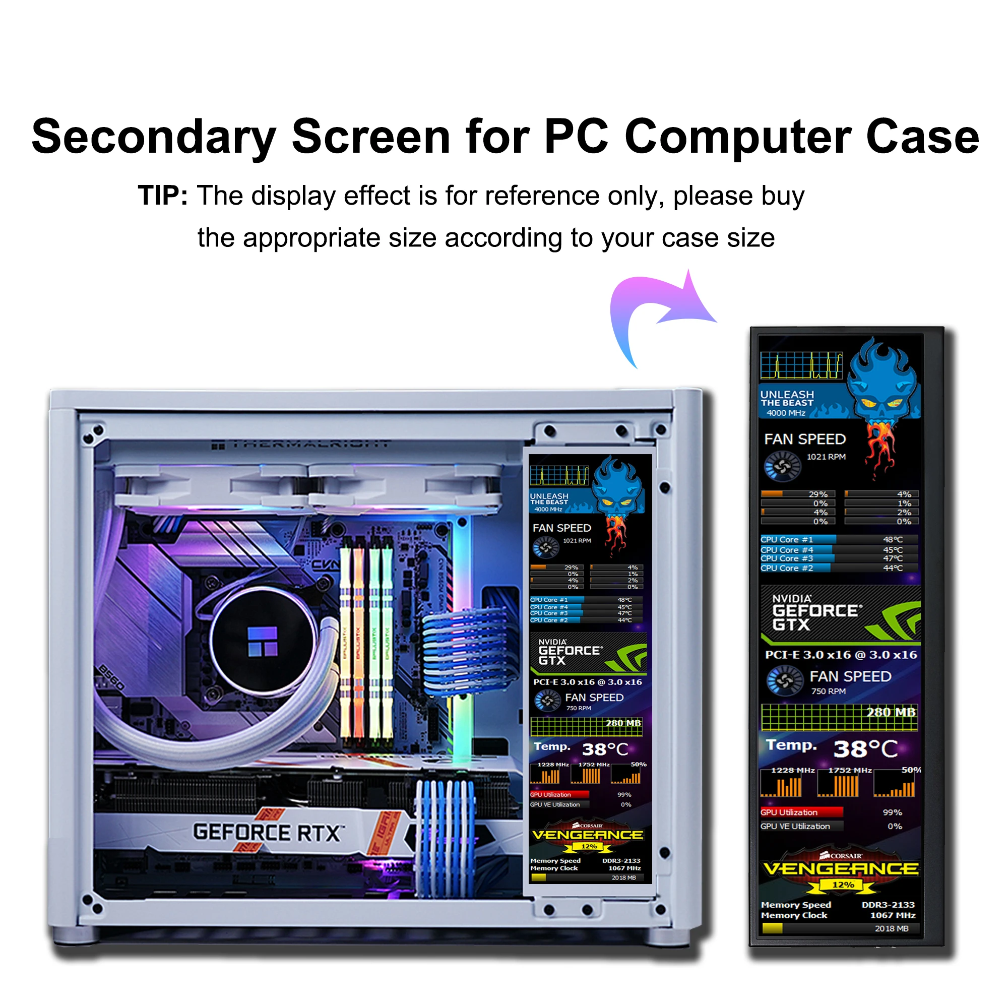 Wisecoco-Monitoramento Secundário Tela LCD, Tela do computador Desktop, 12.6 polegadas, NV126B5M-N41, 1920x515 Temperatura, AIDA64