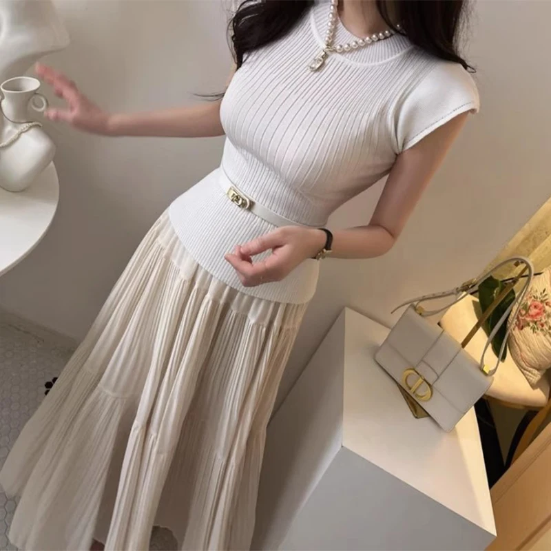 

Ele Knitted Sweater with Flng Sves High Waist Skirt Two Piece Set for Women Summer New Sle Striped Pattern