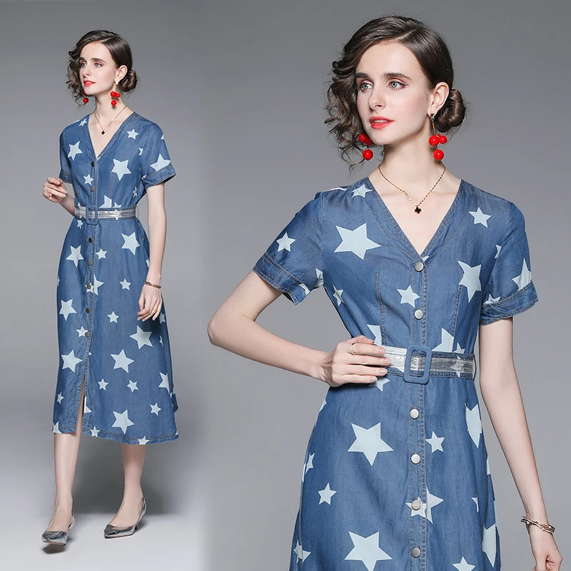 2022 Elegant Women V Neck Denim Dress High Quality Summer Printed Star Single Breasted Short Sleeve Female Soft Midi Vestidos