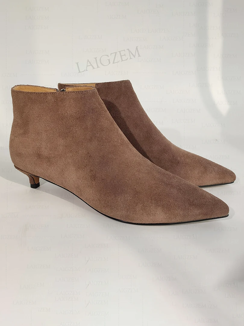 LAIGZEM damskie botki zamszowe szpiczaste palce z zamszem 3.5CM kocie obcasy krótkie botki ręcznie robione damskie buty damskie rozmiar 33 36 40 — zdjęcie 2