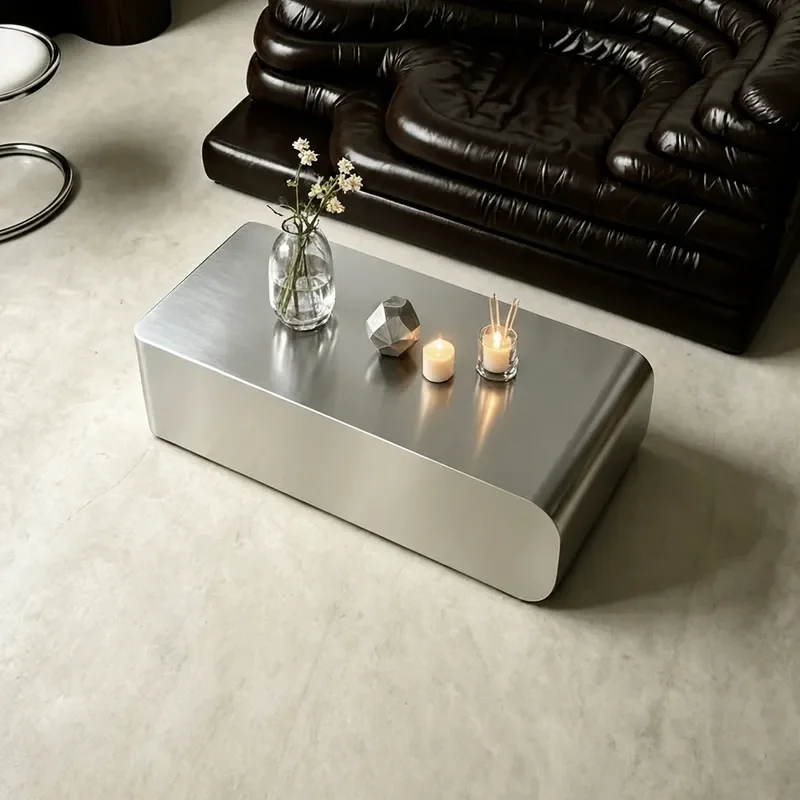 Brushed Silver Stainless Steel Coffee Table Minimalist Living Room Center Table Modern High End Side Table for Home Decor
