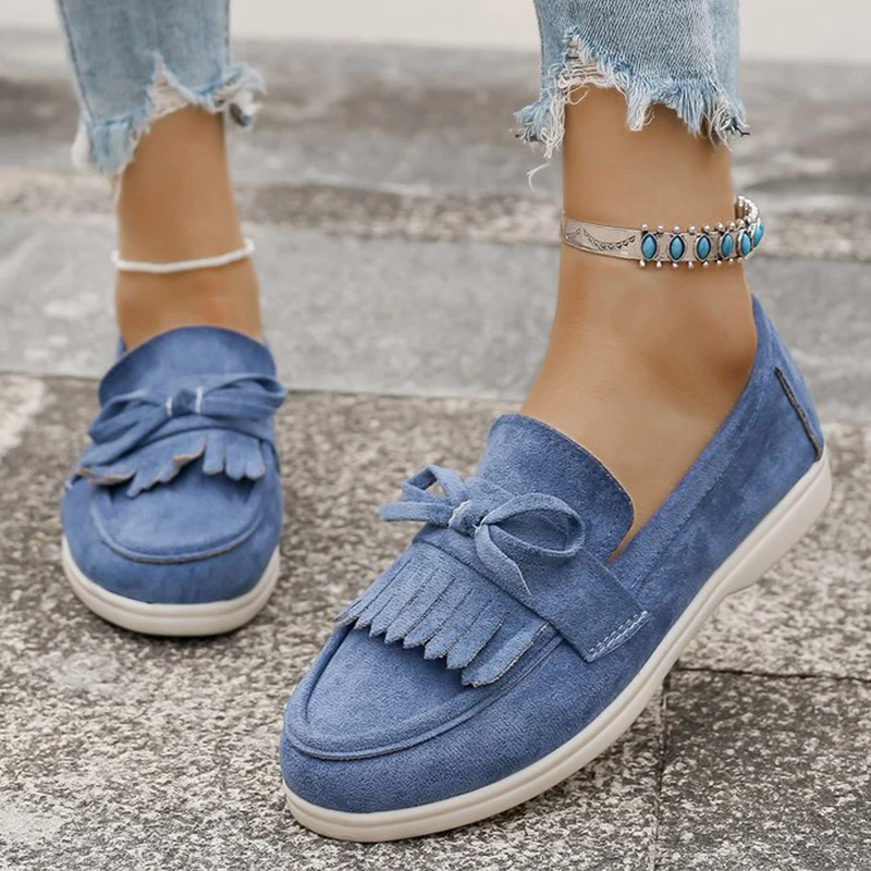 

Plus Size 36-43 Retro Tassel Bowknot Flats Women Solid Color Faux Suede Flat Shoes Women Sneakers Wear Resistant Casual Shoes