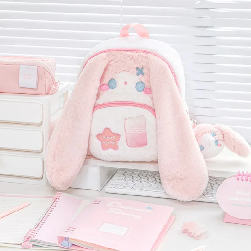 Contrast Color Cartoon Fluffy Rabbit Backpack Kawaii Ins Cute Sweet Y2k Schoolbags Fashion Jk Women All Match Iita Bags Japanese